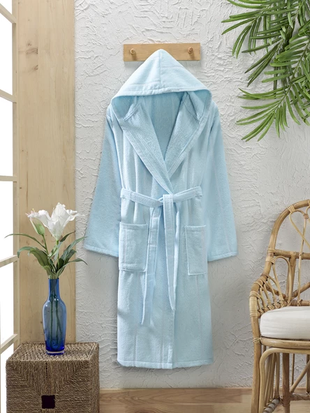 Pamuklu  Kadife Kapüşonlu Unisex Mürdüm Bornoz - 5