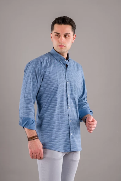 BİCAN KLASİK KESİM CEPLİ DESENLİ  UZUN KOL GÖMLEK - Resim 3