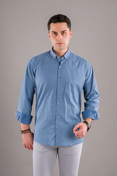 BİCAN KLASİK KESİM CEPLİ DESENLİ  UZUN KOL GÖMLEK - Resim 2