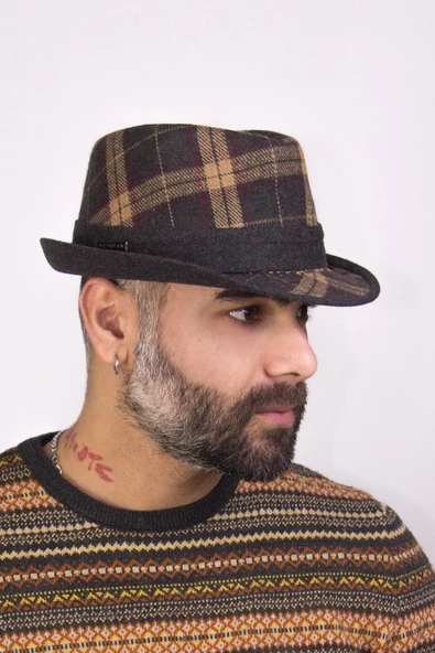 Erkek Ekose Desenli Fötr Şapka Siyah 5111 - Resim 5