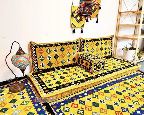 Shark Anatolia Katar Desenli Şark Köşesi İkili Sedir Takımı Hardal - 4