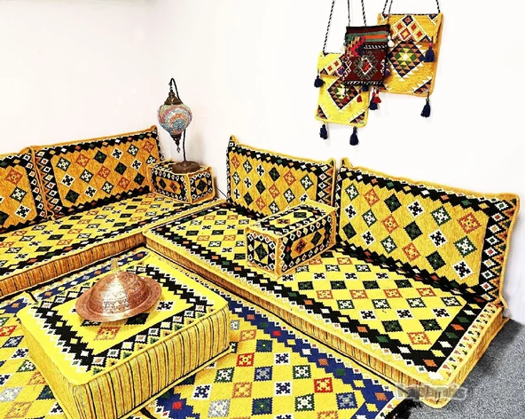 Shark Anatolia Katar Desenli Şark Köşesi İkili Sedir Takımı Hardal - 2