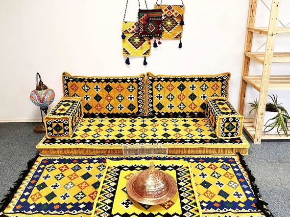 Shark Anatolia Katar Desenli Şark Köşesi İkili Sedir Takımı Hardal - 5