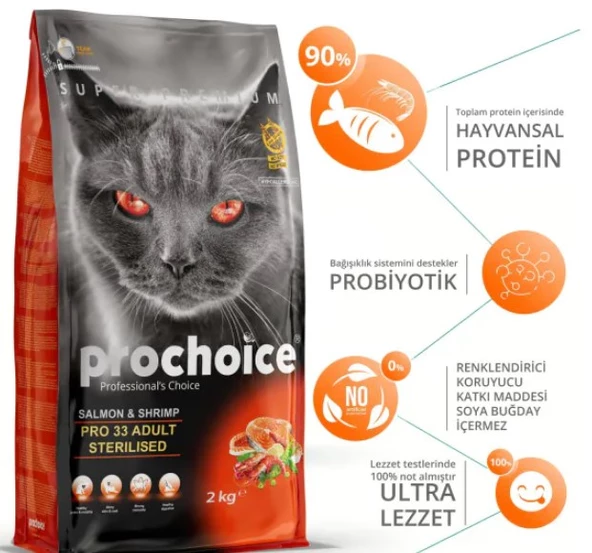 Prochoice Pro 33 Sterilised Somonlu ve Karidesli Kısırlaştırılmış Yetişkin Kedi Maması 2 KG - Resim 2