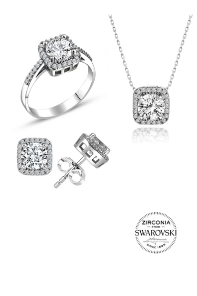 Gümüş Swarovski taşlı pırlanta modeli kare üçlü set SGTL20515SET