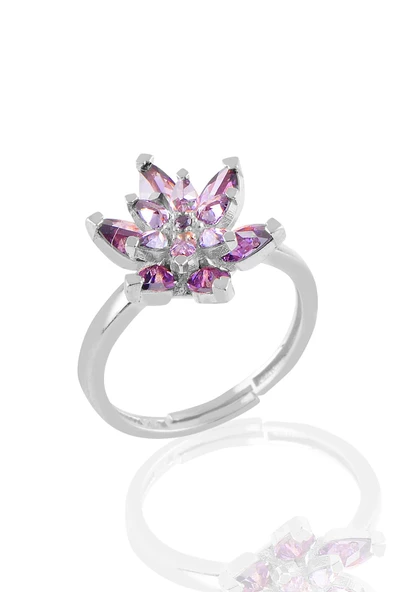 Gümüş rodyumlu  taşlı nilüfer lotus çiçeği yüzük - Resim 4