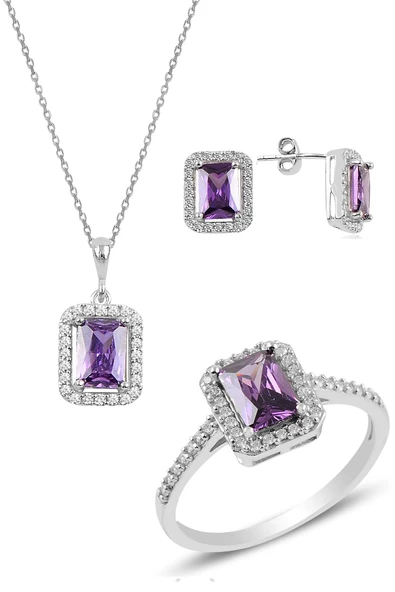 Gümüş rodyumlu ametist   baget taşlı üçlü set SGTL10733MOR ürün görseli