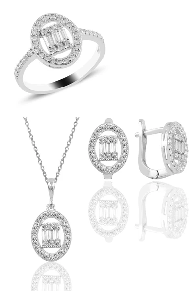 Gümüş rodyumlu oval gümüş düz baget taşlı üçlü set SGTL10735RODAJ