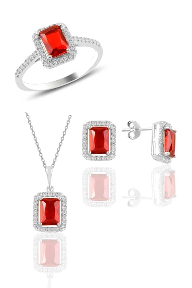 Gümüş rodyumlu kırmızı taşlı baget üçlü set SGTL10733KIRMIZI ürün görseli