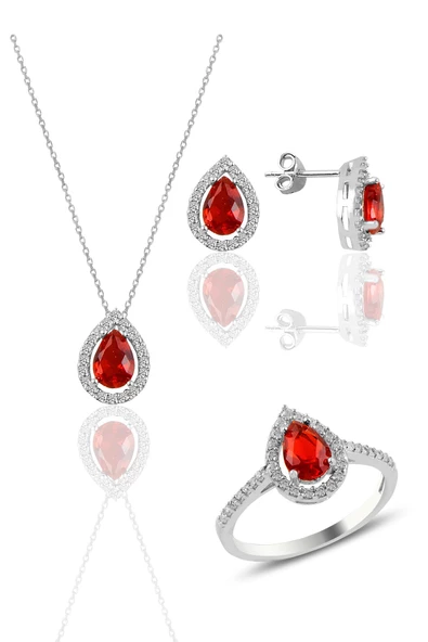 Gümüş rodyumlu kırmızı taşlı damla modeli üçlü set SGTL11003KIRMIZI ürün görseli