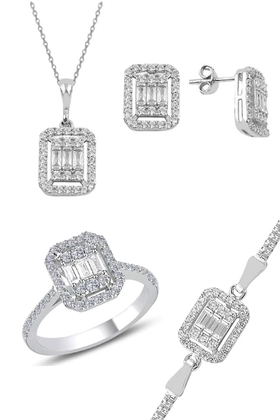 Gümüş rodyumlu çizgili baget taşlı dörtlü set SGTL11055RODAJ ürün görseli