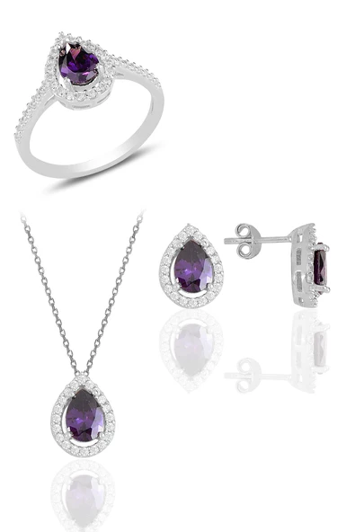 Gümüş rodyumlu ametis taşlı damla modeli üçlü set SGTL11003MOR