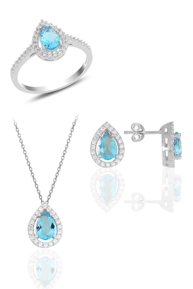 Gümüş rodyumlu akuamarin taşlı damla modeli üçlü set SGTL11003MAVI ürün görseli