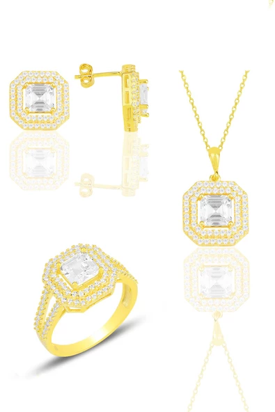 Gümüş altın yaldızlı özel tasarım baget kesim zirkon taşlı üçlü set SGTL11563GOLD