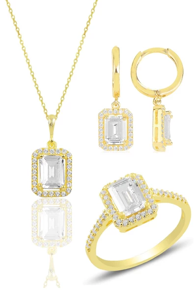 Gümüş altın yaldızlı baget taşlı üçlü set SGTL11564GOLD