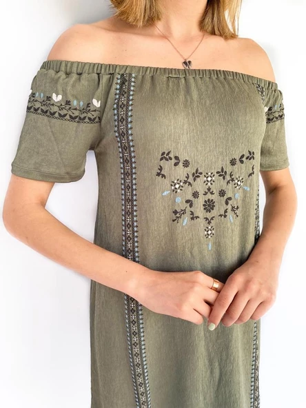 Kadın Bürümcük Desen Haki Elbise - 4