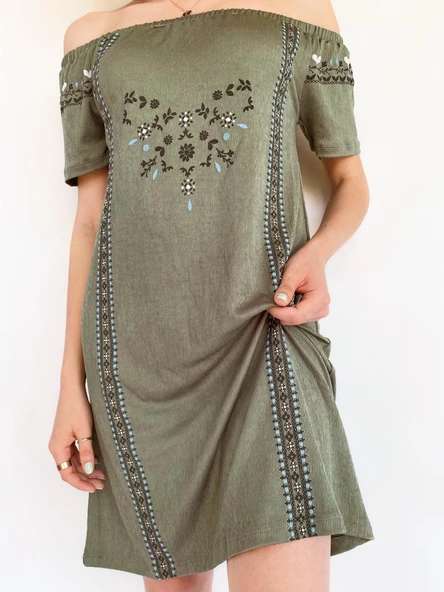 Kadın Bürümcük Desen Haki Elbise - 5