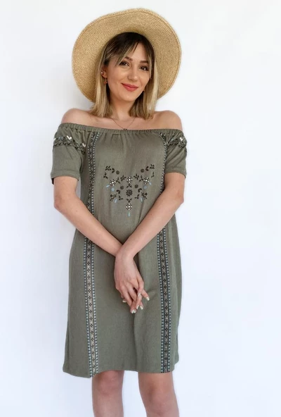 Kadın Bürümcük Desen Haki Elbise - 3