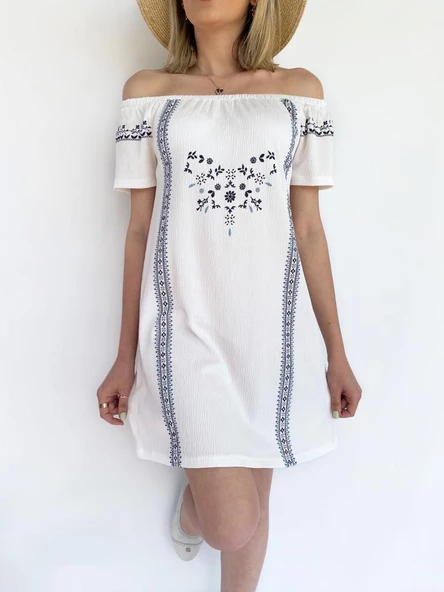 Kadın Bürümcük Desen Beyaz Elbise - 2