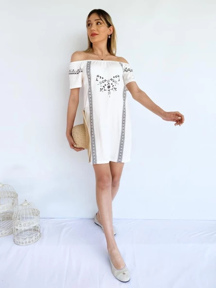 Kadın Bürümcük Desen Beyaz Elbise - 3