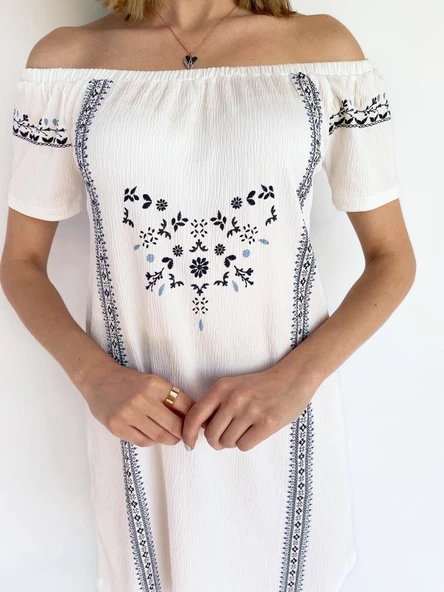 Kadın Bürümcük Desen Beyaz Elbise - 4