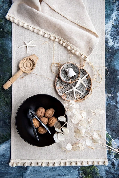 Naturel Beyaz Ponponlu Keten Runner