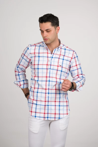 DORSS REGULAR FİT PAMUKLU YAKA DÜĞMELİ EKOSELİ PREMİUM SERİSİ ERKEK GÖMLEK - Resim 4