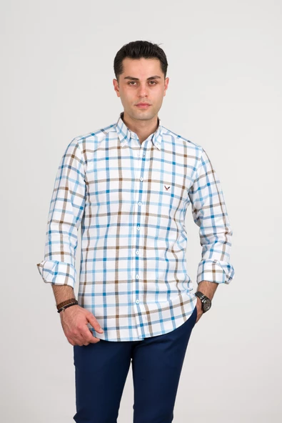 DORSS REGULAR FİT PAMUKLU YAKA DÜĞMELİ EKOSELİ PREMİUM SERİSİ ERKEK GÖMLEK - Resim 8