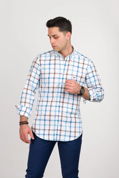 DORSS REGULAR FİT PAMUKLU YAKA DÜĞMELİ EKOSELİ PREMİUM SERİSİ ERKEK GÖMLEK - Resim 10