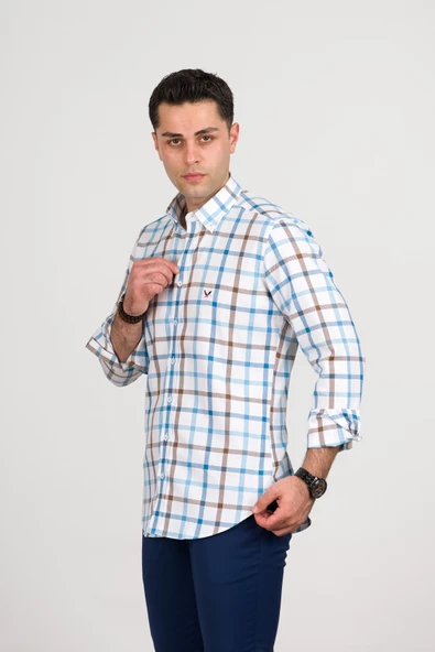 DORSS REGULAR FİT PAMUKLU YAKA DÜĞMELİ EKOSELİ PREMİUM SERİSİ ERKEK GÖMLEK - Resim 9