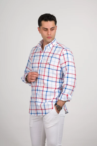 DORSS REGULAR FİT PAMUKLU YAKA DÜĞMELİ EKOSELİ PREMİUM SERİSİ ERKEK GÖMLEK - Resim 3