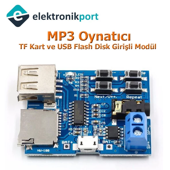 MP3 Oynatıcı TF Kart ve USB Flash Disk Girişli Modül (MP3 Formatı)