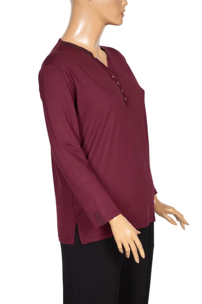 Cimariva Kadın Neval Büyük Beden V Yaka Taşlı Bordo Bluz - 3