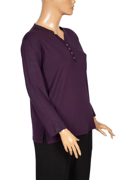 Cimariva Kadın Neval Büyük Beden V Yaka Taşlı Mor Bluz - 3