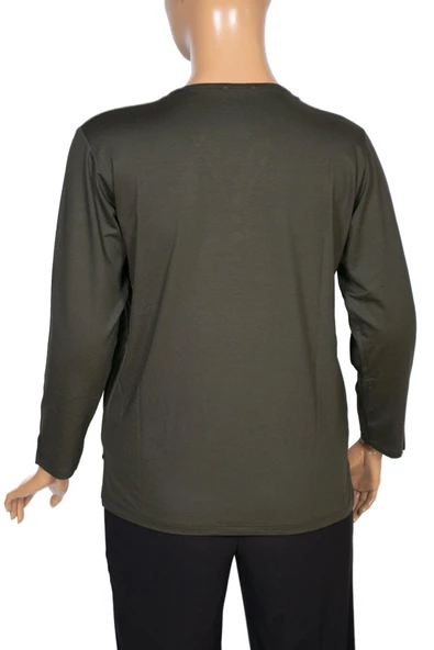 Cimariva Kadın Neval Büyük Beden V Yaka Taşlı Haki Bluz - 4