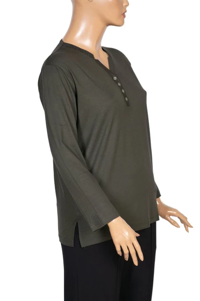 Cimariva Kadın Neval Büyük Beden V Yaka Taşlı Haki Bluz - 3