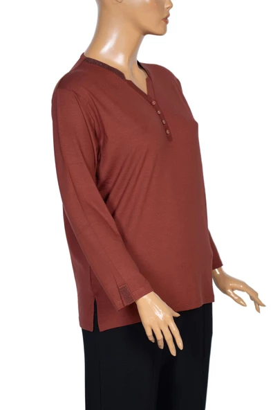 Cimariva Kadın Neval Büyük Beden V Yaka Taşlı Taba Bluz - 3