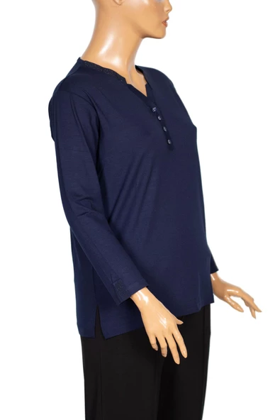 Cimariva Kadın Neval Büyük Beden V Yaka Taşlı Lacivert Bluz - 3