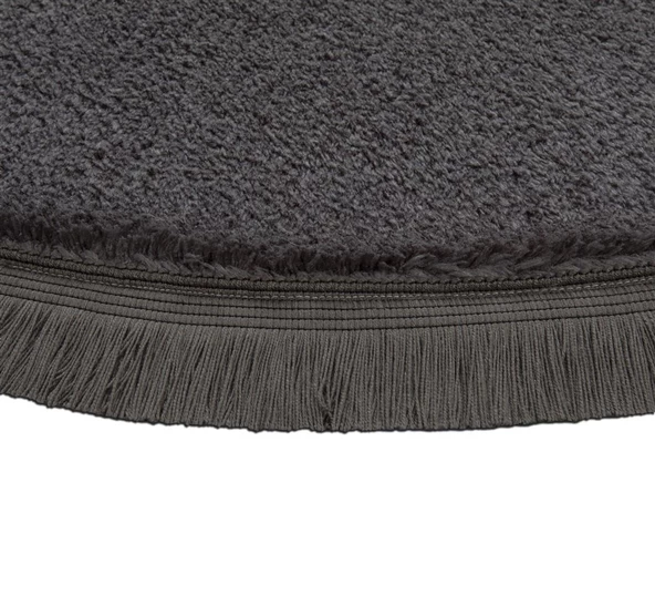 My Evilla Modern Dekoratif Halı Jel Kaymaz Taban Peluş Yuvarlak Model Antrasit Renk Saçaklı - 2