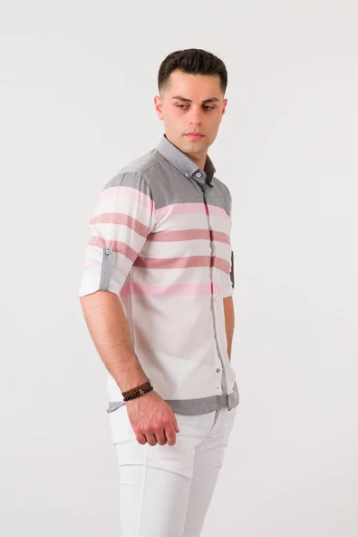 BİCAN ÇİZGİLİ KATLAMALI KOL YAKA DÜĞMELİ SLİMFİT ERKEK GÖMLEK - Resim 9