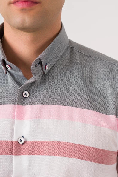 BİCAN ÇİZGİLİ KATLAMALI KOL YAKA DÜĞMELİ SLİMFİT ERKEK GÖMLEK - Resim 12