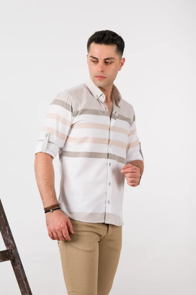 BİCAN ÇİZGİLİ KATLAMALI KOL YAKA DÜĞMELİ SLİMFİT ERKEK GÖMLEK - Resim 4
