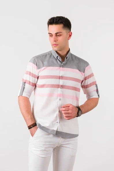 BİCAN ÇİZGİLİ KATLAMALI KOL YAKA DÜĞMELİ SLİMFİT ERKEK GÖMLEK - Resim 8