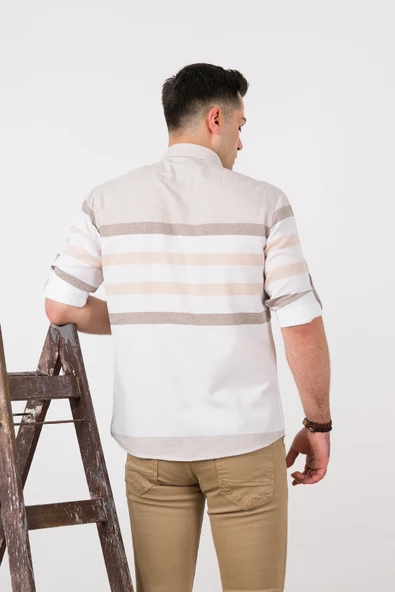 BİCAN ÇİZGİLİ KATLAMALI KOL YAKA DÜĞMELİ SLİMFİT ERKEK GÖMLEK - Resim 5