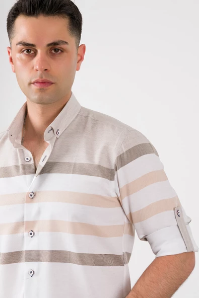 BİCAN ÇİZGİLİ KATLAMALI KOL YAKA DÜĞMELİ SLİMFİT ERKEK GÖMLEK - Resim 6