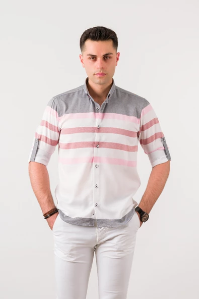 BİCAN ÇİZGİLİ KATLAMALI KOL YAKA DÜĞMELİ SLİMFİT ERKEK GÖMLEK - Resim 10