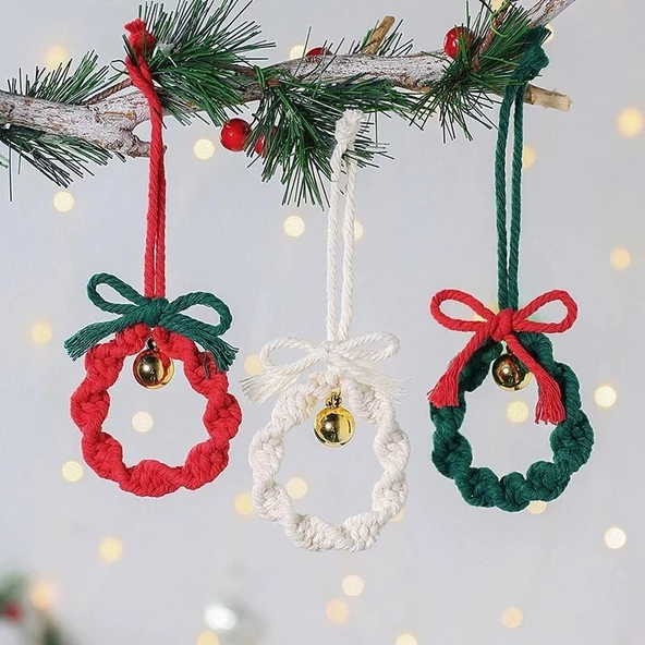 3lü Makrome Örgü Zil Boncuklu Kurdeleli Duvar & Ağaç Süsü ürün görseli 1