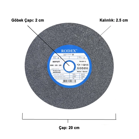 Rodex Taşlama Bıçak Bileme Zımpara Taşı Taş Motoru 200X25x20 Mm 60 Kum - 2