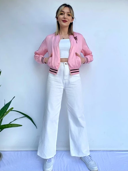 Kadın Kot Pantolon Ve Bomber Mont Pembe