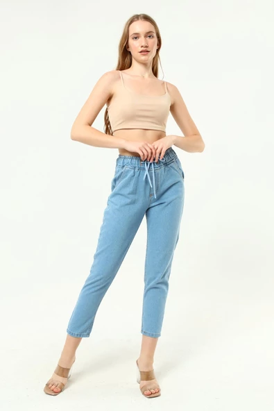 Kadın Beli İpli Kemer Lastikli Mom Jeans Kot Pantolon